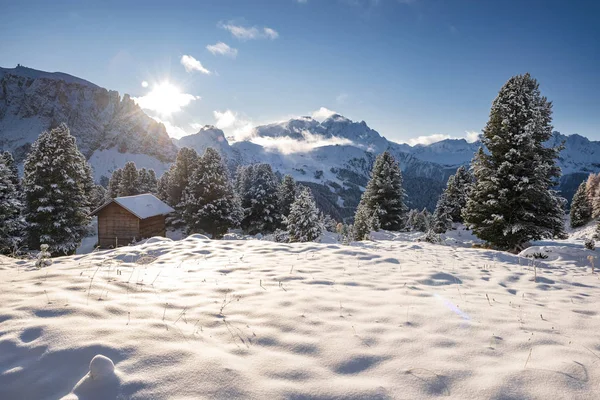 Cabaña Madera Las Montañas Alpinas Tirol Del Sur Italia Nieve — Foto de Stock