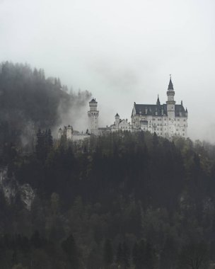 Neuschwanstein Kalesi 'nin yoğun sisi ve parlak beyaz gökyüzü, Almanya' nın Neuschwanstein şehrinde yer almaktadır. (yüksek Iso resmi)