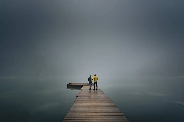 Rear View People Standing Wooden Footbridge Foggy Morning Braies Lake — Stock Photo, Image