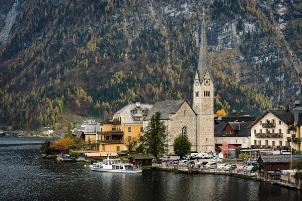 Hallstatt Centro Ciudad Con Vistas Iglesia Evangélica Antiguas Casas Adosadas — Foto de Stock