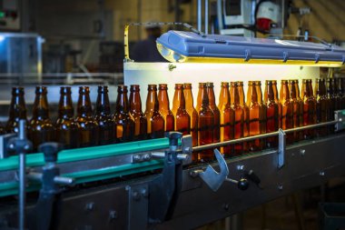 Boş bira şişeleri birden fazla şişe kullanımı için parlak ışık altında kontrol ediliyor (yüksek Iso resim)