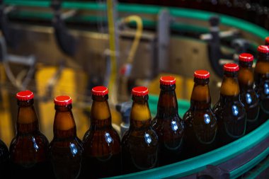 Bira fabrikasında / kırmızı başlıklı (yüksek Iso görüntülü) taşıyıcı banttaki bira şişeleri)