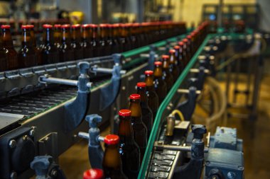 Bira fabrikasında / kırmızı başlıklı (yüksek Iso görüntülü) taşıyıcı banttaki bira şişeleri)