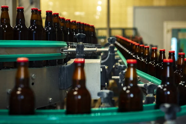 Beer Bottles Conveyor Belt Beer Factory Red Caps High Iso — 스톡 사진