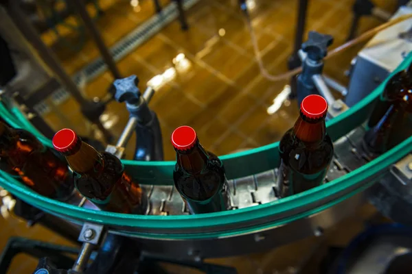 Beer bottles on the conveyor belt in the beer factory / with red caps (high ISO image)