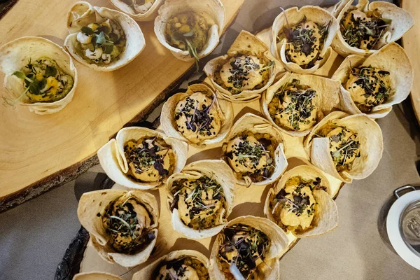 various salads as appetizers in brunch buffet in restaurant .