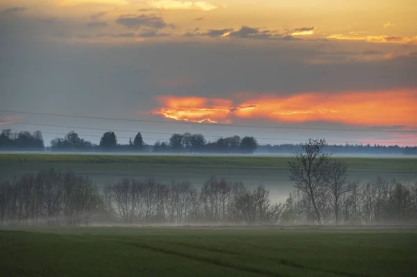 Fog Réteg Mezőgazdasági Területen Tavaszi Naplementekor Magas Iso Kép — Stock Fotó