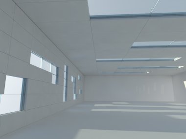 Windows ile güneşli büyük açık alan. 3D render.