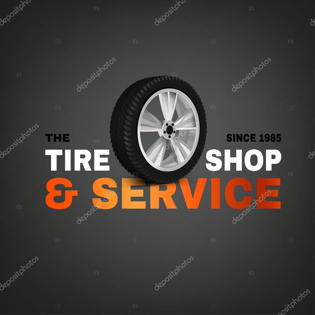 Vector tire shop and service logotype with a car wheel. Beautiful realistic illustration isolated on a dark grey background.