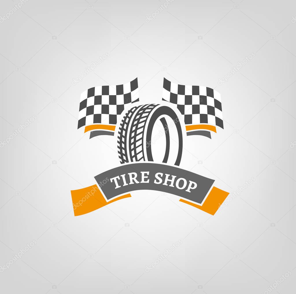 Car tire icon with finish flags in grey and orange colours useful for icon and logotype design on light background. Realistic graphic style. Digital pictogram collection. Beautiful vector illustration