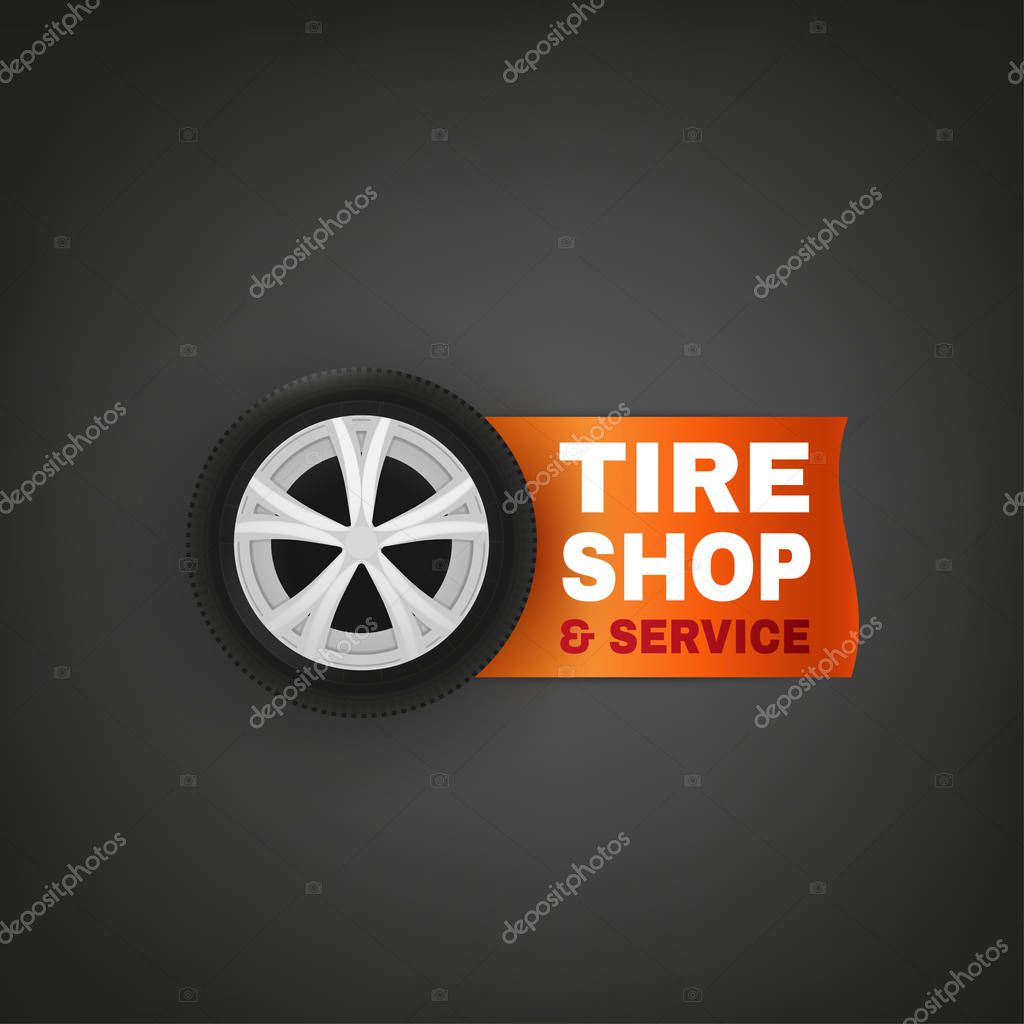 Vector tire shop and service logotype with a car wheel. Beautiful realistic illustration isolated on a dark grey background.