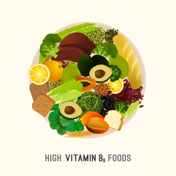 Vitamina B9 en los alimentos — Vector de stock