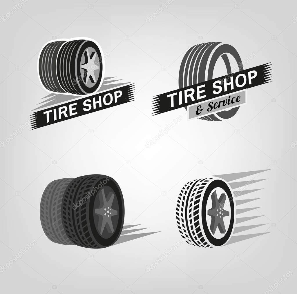 Car tire icons set in grey colours useful for icon and logotype design. Beautiful vector illustration in realistic graphic style. Transportation automotive concept. Digital pictogram collection.
