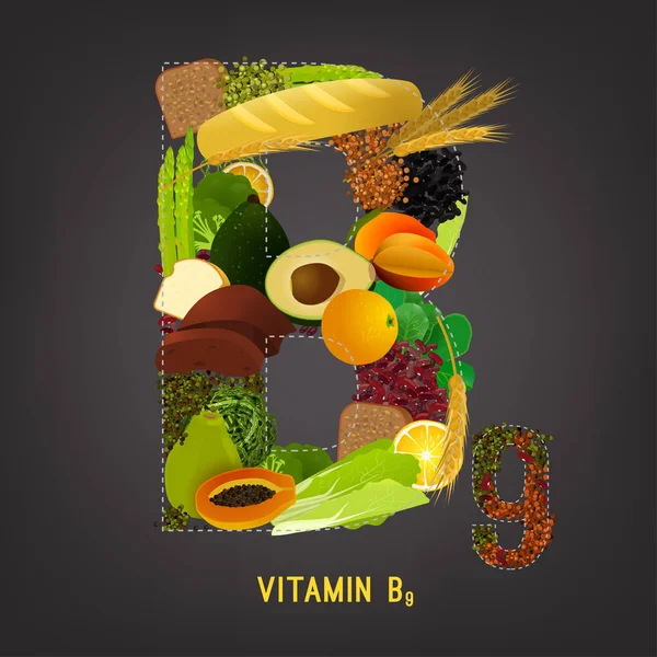 Vitamine B9 dans les aliments — Image vectorielle