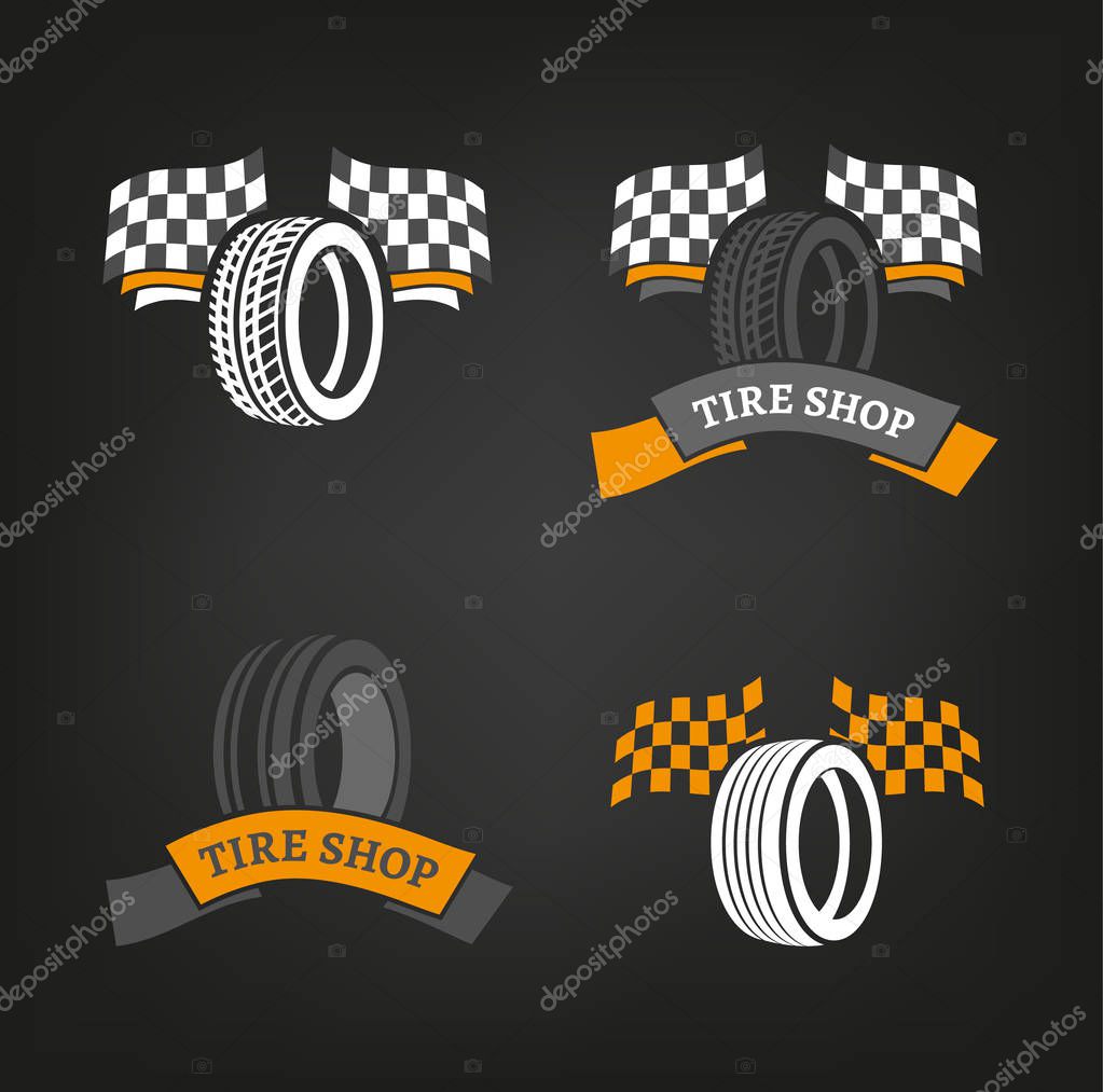 Car tire icons set in dark grey, white and orange colours useful for icon and logotype design on a dark background. Vector illustration in a modern graphic style. Digital pictogram collection.
