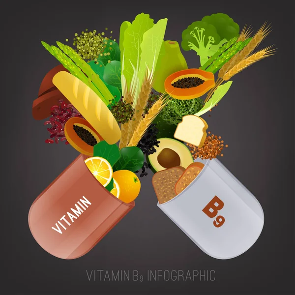 Vitamina B9 em Alimentos — Vetor de Stock