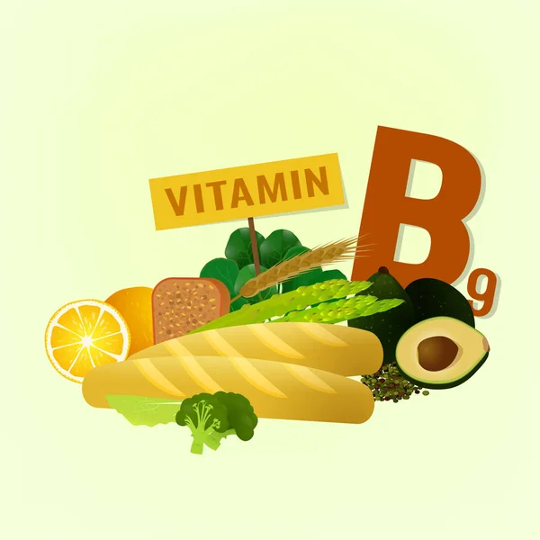 Vitamina B9 en los alimentos — Archivo Imágenes Vectoriales