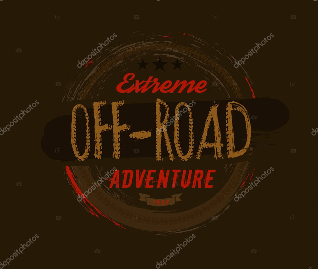 Off-road logo. Extreme competition emblem. Off-roading suv adventure and car club elements. Beautiful vector illustration with unique textured lettering isolated on a dark brown background.