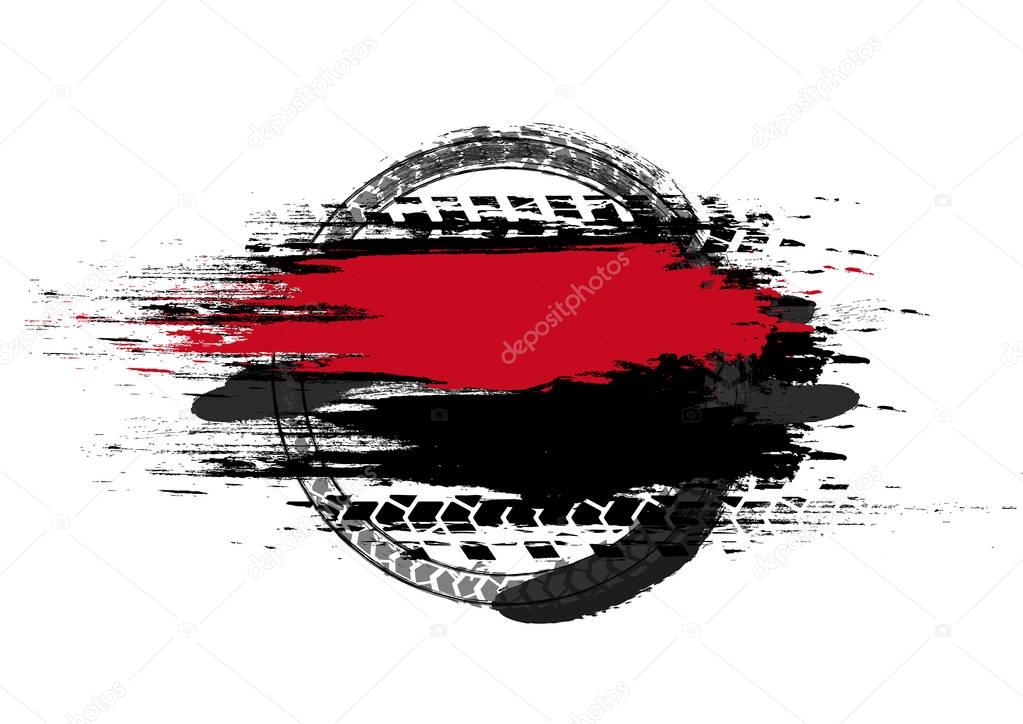 Grunge off-road post and quality stamp. Automotive collection useful for banner, sign, logo, icon, label and badge design . Tire tracks vector illustration.