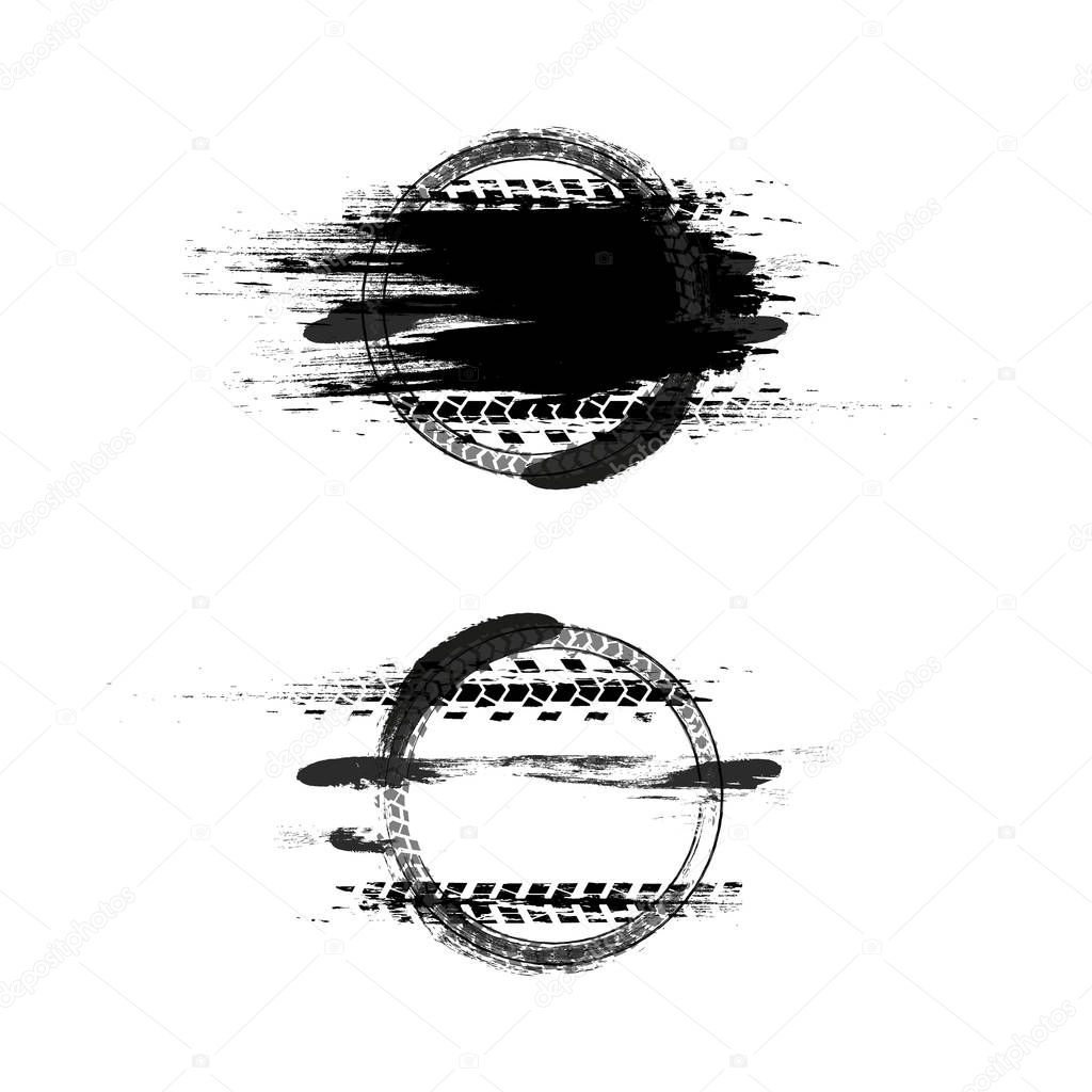 Grunge off-road post and quality stamp. Automotive collection useful for banner, sign, logo, icon, label and badge design . Tire tracks vector illustration.