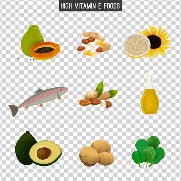 Élelmiszerek magas E-vitamin — Stock Vector