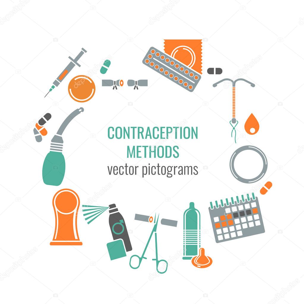 Contraception methods image. Female and male contraceptive icons. Beautiful vector illustration in medical colours isolated on white background.