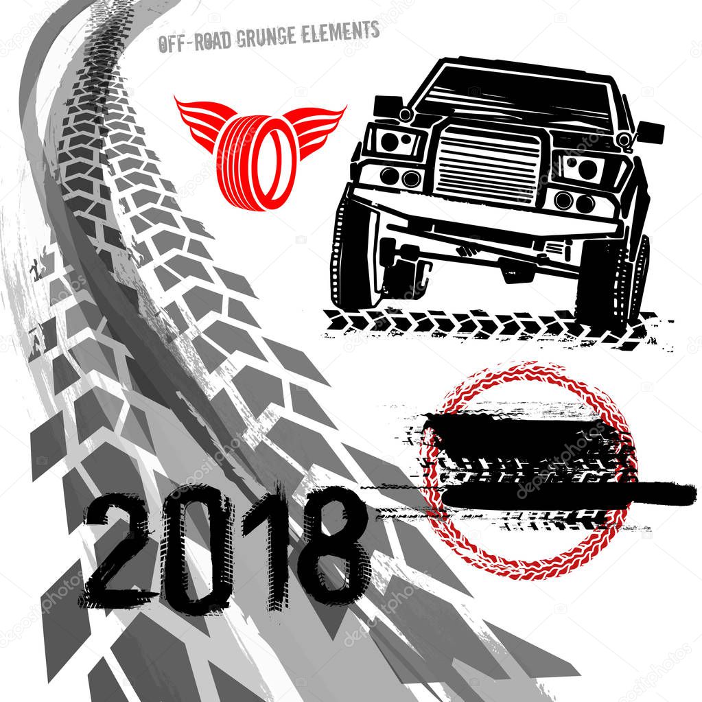 Different off-road elements useful for rally and race poster, placard, print or leaflet design. Editable vector illustration isolated on white background. Automobile collection in red, black colour.