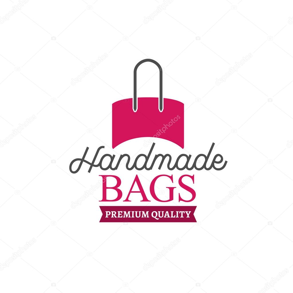 Handbag shop logo. Vector illustration in pink and grey colors isolated on a white background. Fashion and accessories creative concept.