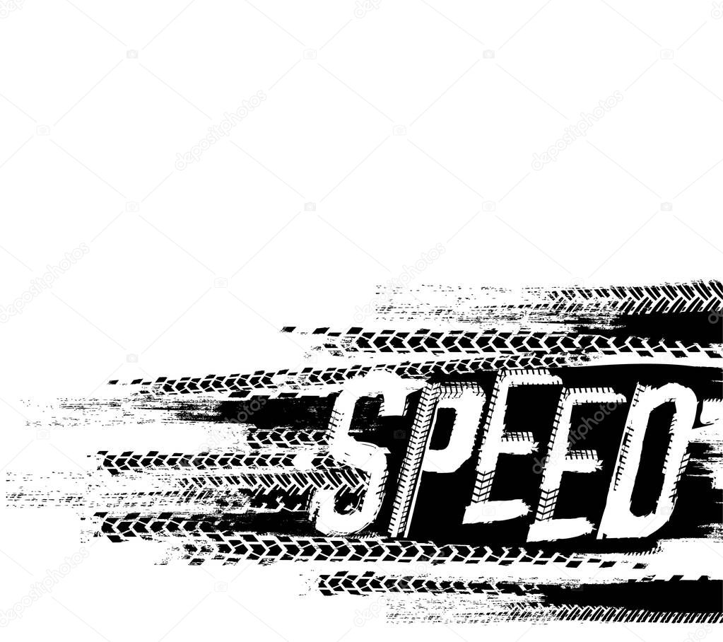 Off-Road SPEED hand drawn grunge lettering on a textured background. Tire tracks words made from unique letters. Beautiful vector illustration. Editable graphic element in white and black colours.