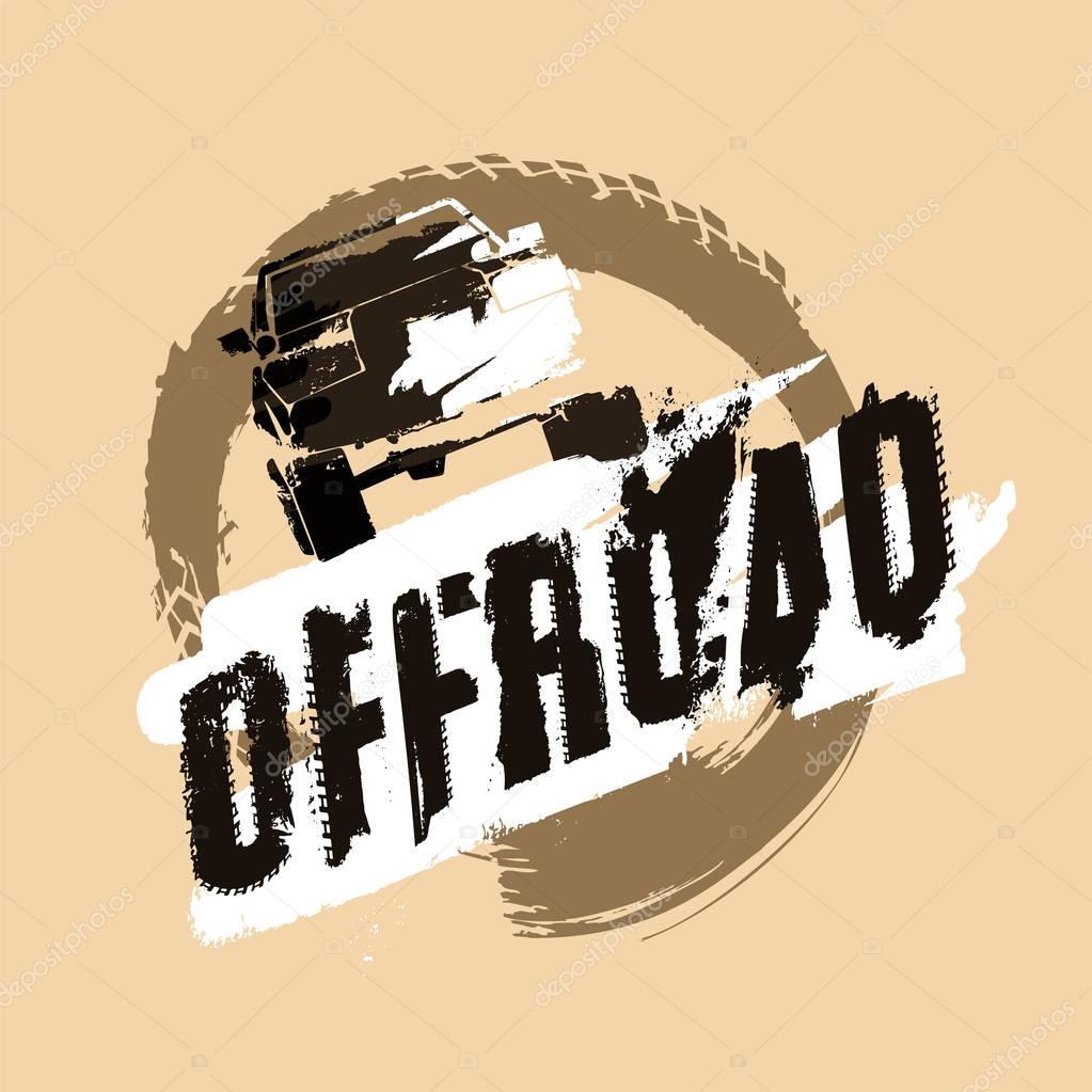 Off-road logo. Extreme competition emblem. Off-roading suv adventure and car club elements. Beautiful vector illustration with unique textured lettering isolated on a light beige background.