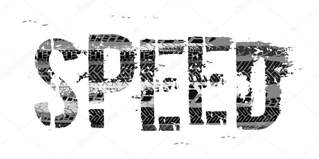 Off-Road SPEED hand drawn grunge lettering on a light grey background. Tire tracks words made from unique letters. Beautiful vector illustration. Editable graphic element in monochrome colours.