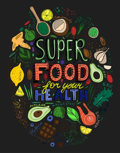 Ručně kreslené Superfoods plakát — Stockový vektor