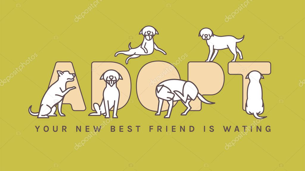 Adopt do not buy. Dog adoption event poster. Lonely puppies waiting for an owner. Rescuing concept. Editable vector illustration in brown and white colors isolated on a green background.