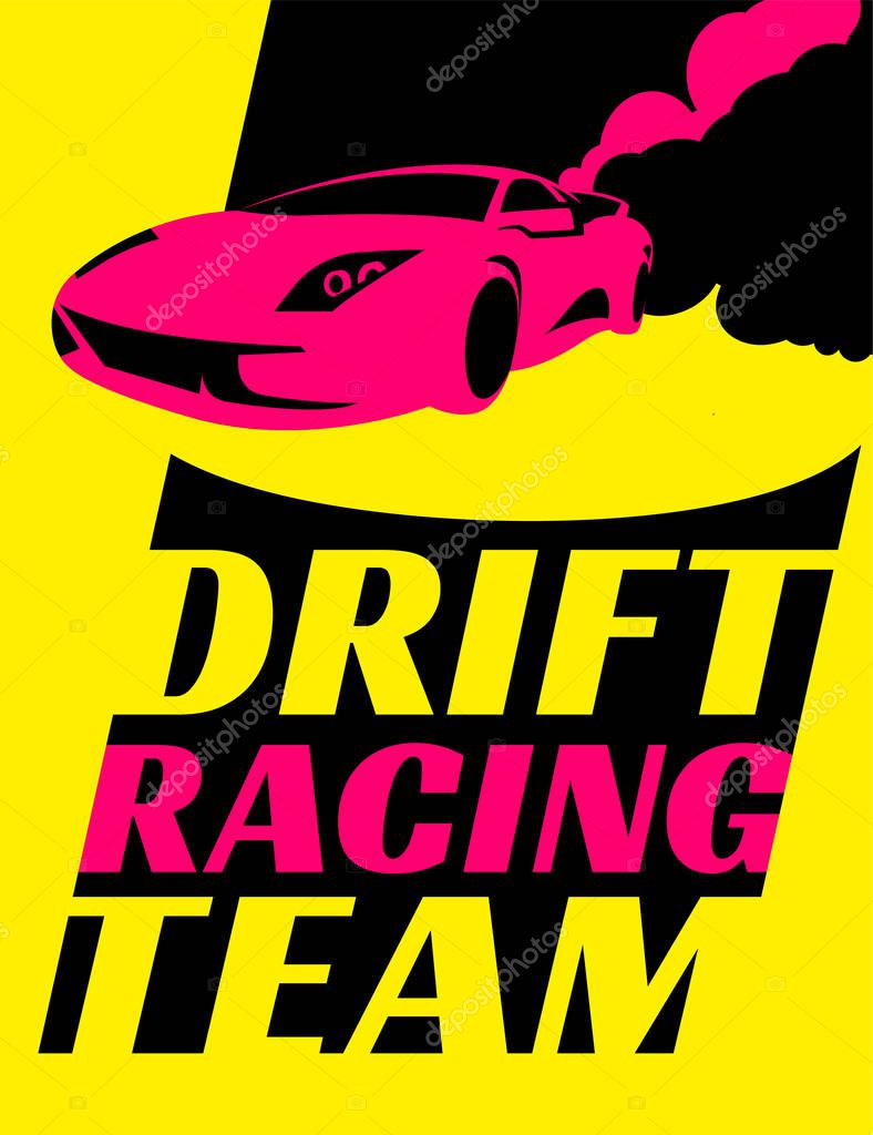 Car club logotype. Drifting, speed racing. Editable vector illustration in a graphic style. Automotive isolated image in red, yellow, black colors useful for sign, logo, pictogram and brand identity