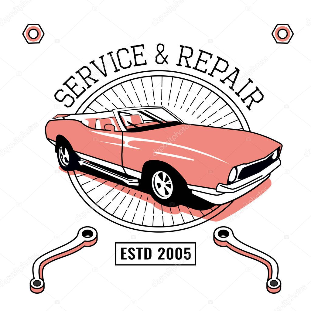 Retro car service sign. Vintage vehicle repairing workshop. Racing garage. Automotive icon. American advertising style. Editable illustration isolated on a white background. Transportation concept