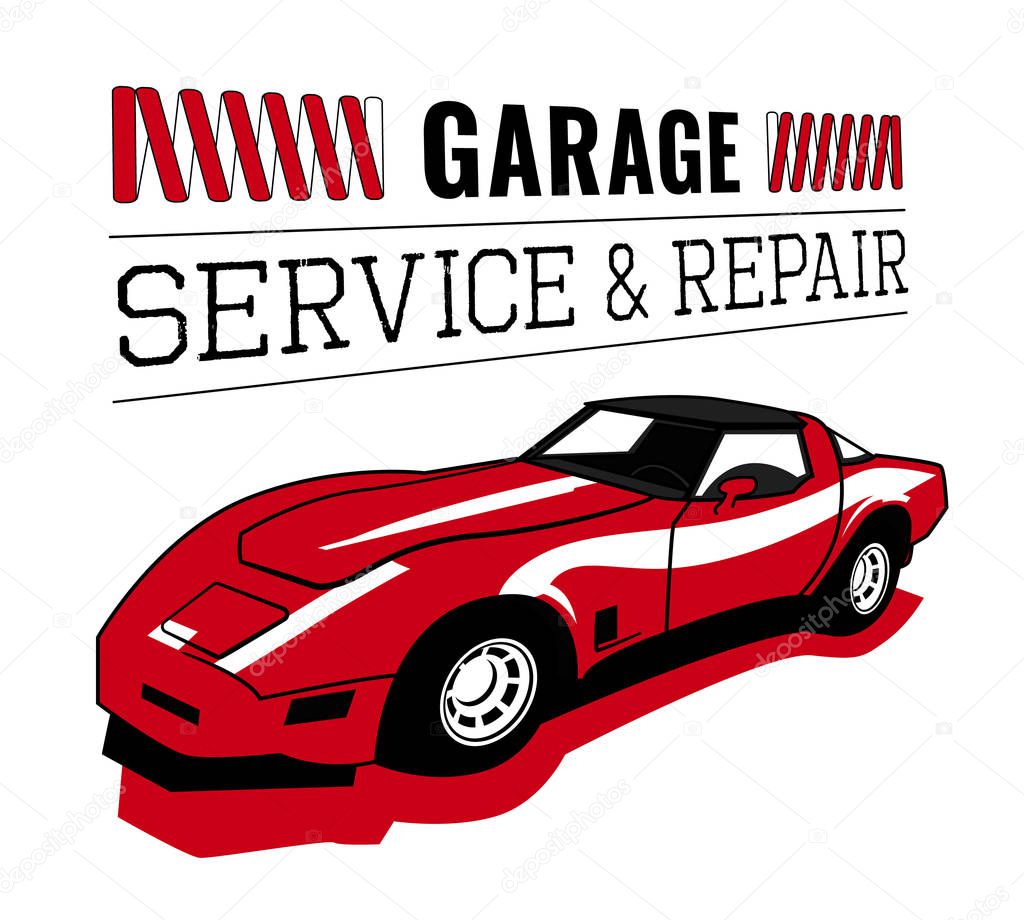 Retro car service sign. Vintage vehicle repairing workshop. Racing garage. Automotive icon. American advertising style. Editable illustration isolated on a white background. Transportation concept