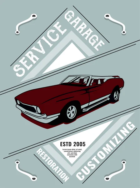 Retro Auto Service Werbung Amerikanischen Stil Oldtimer Werkstatt Renngarage Automotive — Stockvektor