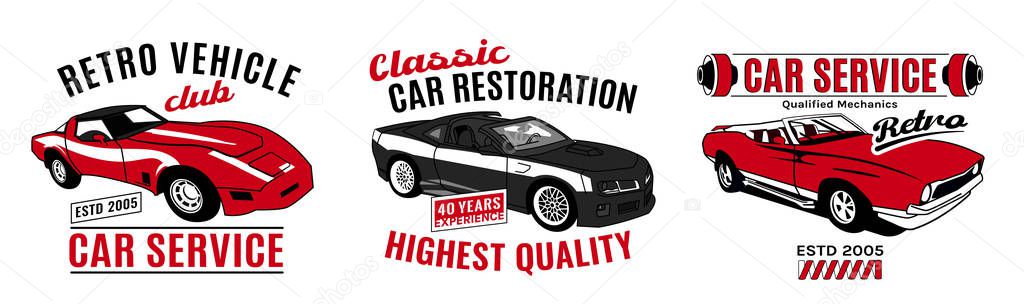 Retro car service sign. Vintage vehicle repairing workshop. Racing garage. Automotive icon. American advertising style. Editable illustration isolated on a white background. Transportation set