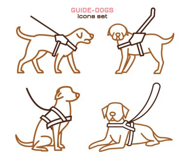 Koşumlu rehber köpekler. Mobil yardım. Destek, yardım, hizmet hayvanı. Rehber köpek eğitimi. Basit simge, sembol, resim, işaret. Vektör illüstrasyonu beyaz arkaplanda izole edildi.