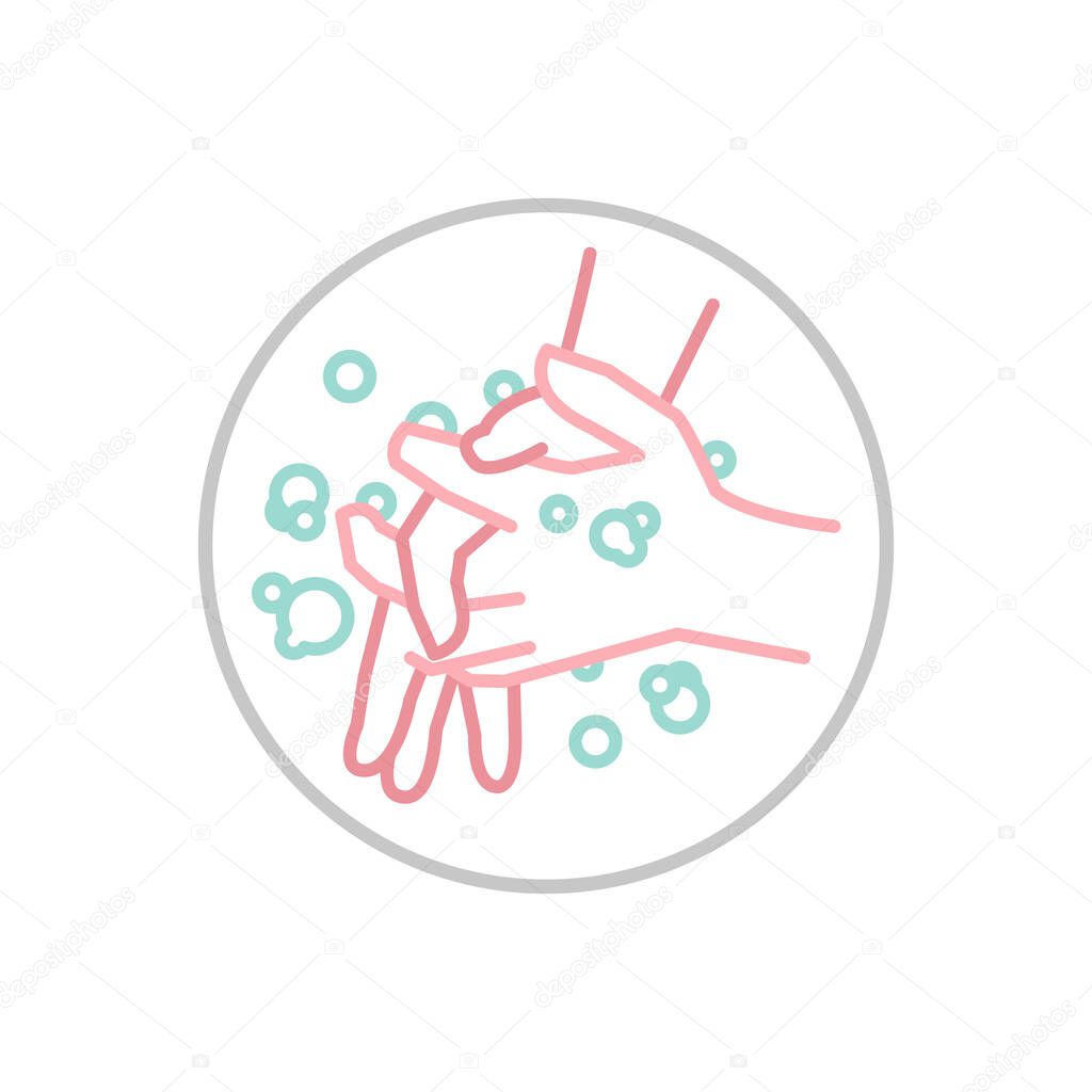 Hand wash hygiene icon. Respiratory hygiene sign. Anti-bacterial hands washing pictogram. Medical care concept. Vector illustration isolated on a white background