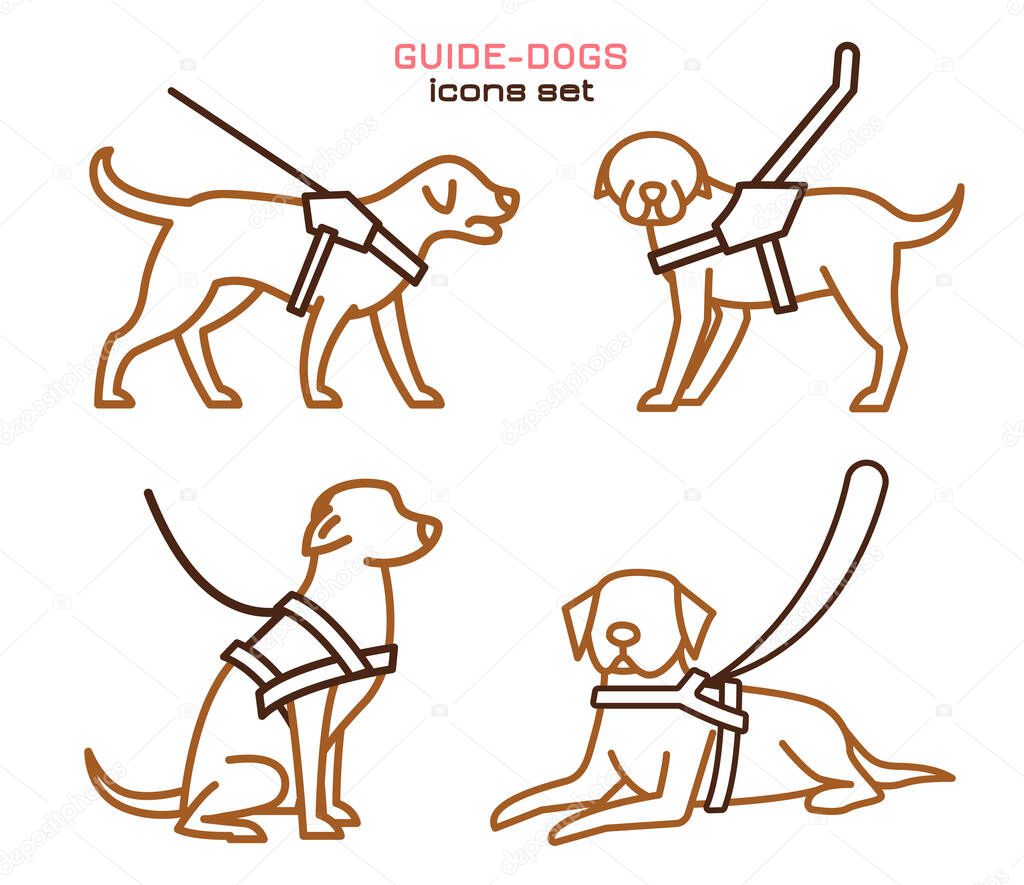 Guide dogs with harness. Mobility aid. Support, assistance, service animal. Guide-dog training. Simple icon, symbol, pictogram, sign. Vector illustration isolated on white background.