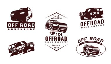 Aşırı rekabet amblemi seti. Off-road seferi. Off-road SUV macerası ve araba tasarım unsurları. Koyu kahverengi renkli güzel vektör çizimi beyaz arkaplanda izole edildi. 
