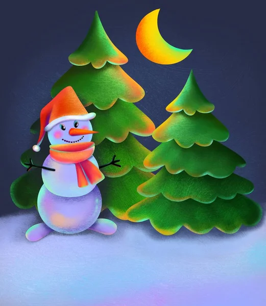 Sneeuwpop Winter Kerstkaart Boom Poster Illustratie — Stockfoto