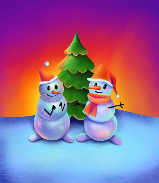 Χιονάνθρωπος Χειμώνα Χριστουγεννιάτικη Κάρτα Δέντρο Αφίσα Εικονογράφηση Valentine Ερωτευμένο Ζευγάρι — Φωτογραφία Αρχείου