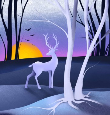 Noel Kutlama Kartı Kompozisyonu Kış Ormanı Karlı Peyzaj Geyiği Gün Doğumu Dijital Yazdırma Çizimine Bakar