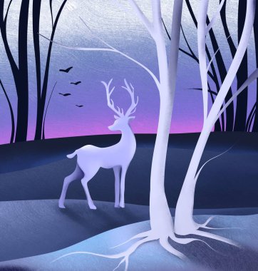 Noel Kutlama Kartı Kompozisyonu Kış Ormanı Karlı Peyzaj Geyiği Gün Doğumu Dijital Yazdırma Çizimine Bakar