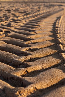 Gün boyunca kumda araba lastiği izleri, seçici odaklanma.