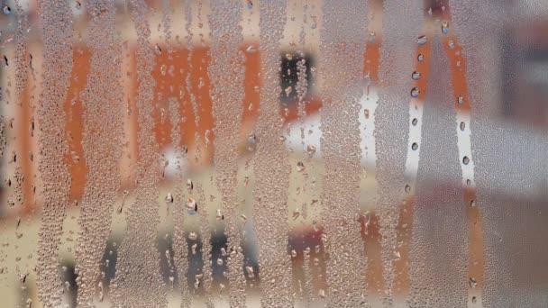 Misted glass of window with water drops falling down and blurred buildings at the background. — Stockvideo