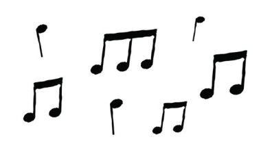 Hand drawn animation of many different music notes over a white background.Cartoon looking drawing.