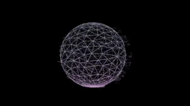 Glitched holographic 3D sphere on dark background. Holographic earth in digital plexus pattern. Vaporwave synthwave style, 80s-90s aesthetic. — Stock Video
